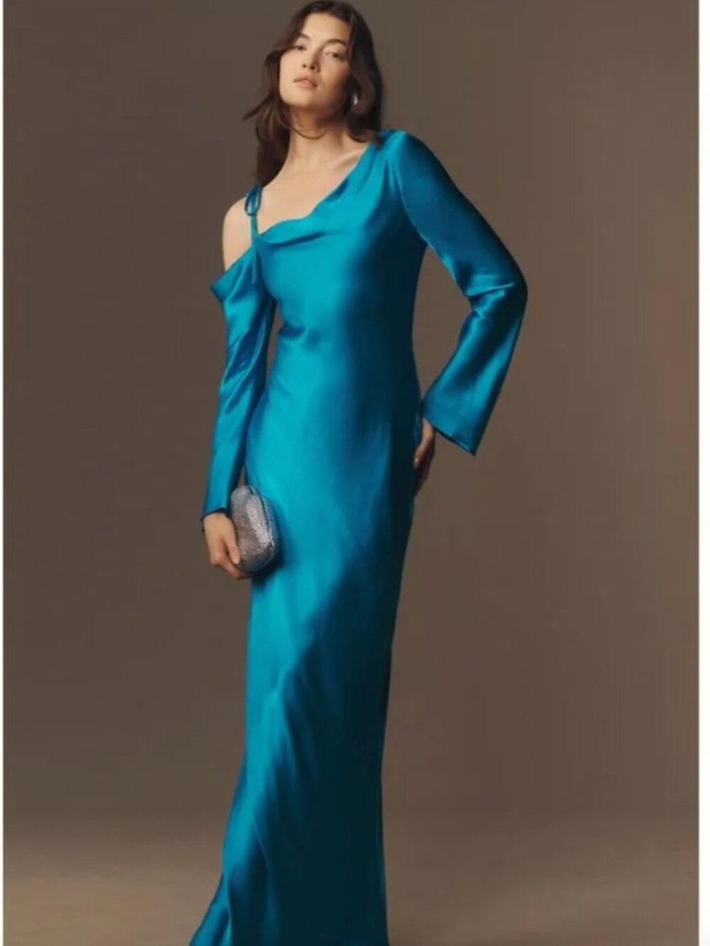 Shona Joy Teal Satin One-Shoulder Long Sleeve Gown